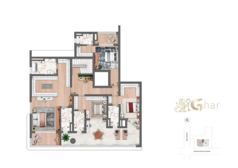 Living da penthouse no 54º pavimento do Vista Cyrela Furnished by ArmaniCasa – Torre Milano, com visual panorâmico e decoração assinada em estilo italiano.