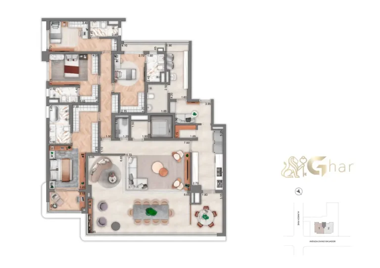 Living da penthouse no 54º pavimento do Vista Cyrela Furnished by ArmaniCasa – Torre Milano, com visual panorâmico e decoração assinada em estilo italiano.