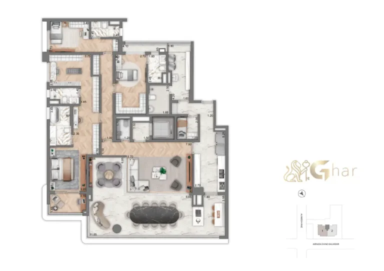 Living da penthouse no 54º pavimento do Vista Cyrela Furnished by ArmaniCasa – Torre Milano, com visual panorâmico e decoração assinada em estilo italiano.