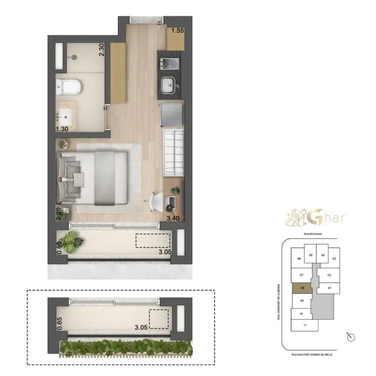 Planta de implantação da quadra de tênis do Aura Pacaembu by Cyrela, mostrando o posicionamento estratégico e o espaço exclusivo dedicado à prática esportiva no condomínio.
