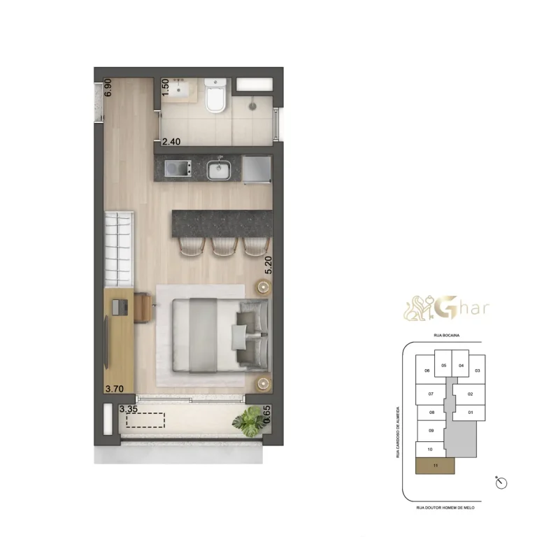 Planta de implantação da quadra de tênis do Aura Pacaembu by Cyrela, mostrando o posicionamento estratégico e o espaço exclusivo dedicado à prática esportiva no condomínio.