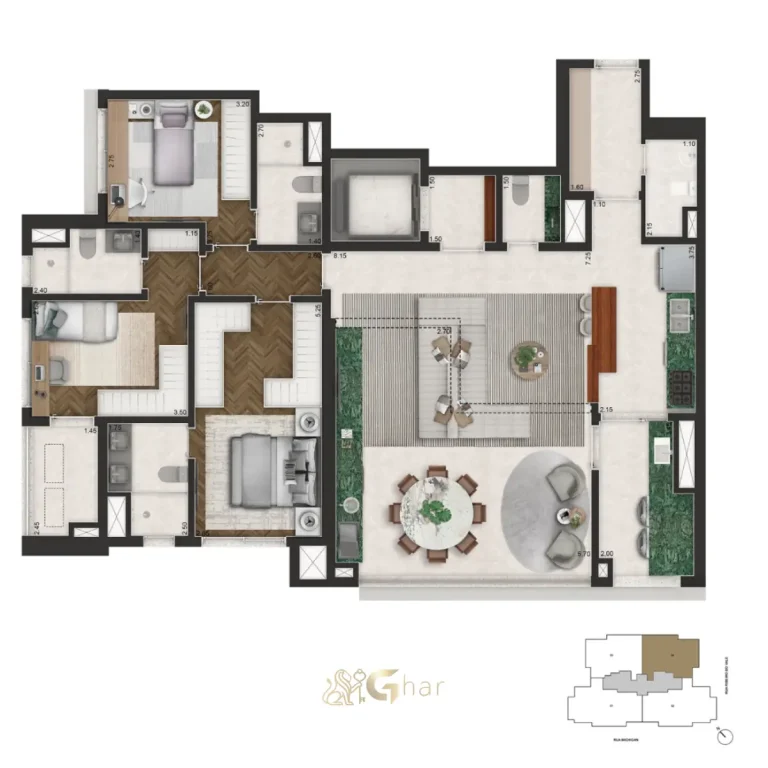 Planta Do Apartamento 3 Dormitórios 145m² Do Brooklin Senses By Cyrela