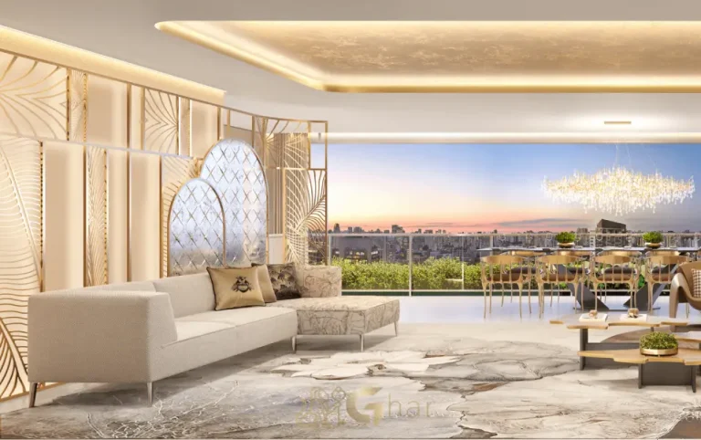 Sala de estar integrada à varanda do Casa Eden by YOO East em apartamento decorado de 160 m²