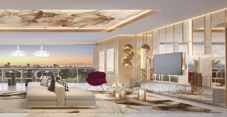 Sala de estar com varanda ampla do apartamento decorado de 200 m² do Casa Eden by YOO East