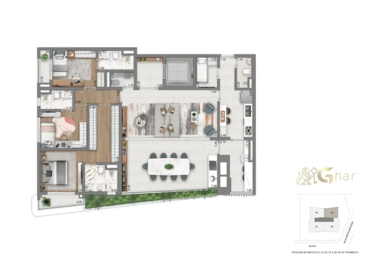 Planta do apartamento com 3 suítes e 169 m² do Casa Eden by YOO East