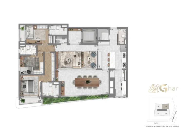 Planta do apartamento de 169 m² com 3 suítes no Casa Eden by YOO East
