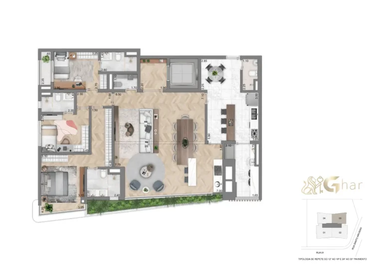 Planta do apartamento 169 m² com 3 suítes do Casa Eden by YOO East