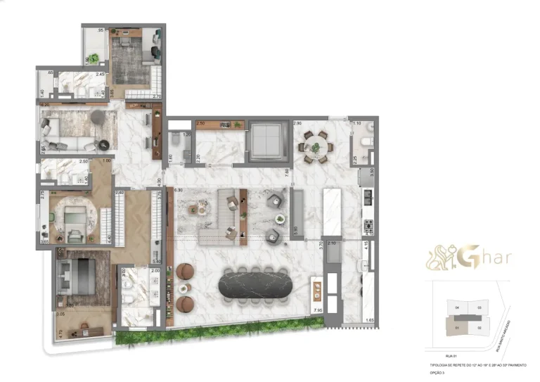 Planta do apartamento de 208 m² com 3 suítes no Casa Eden by YOO East