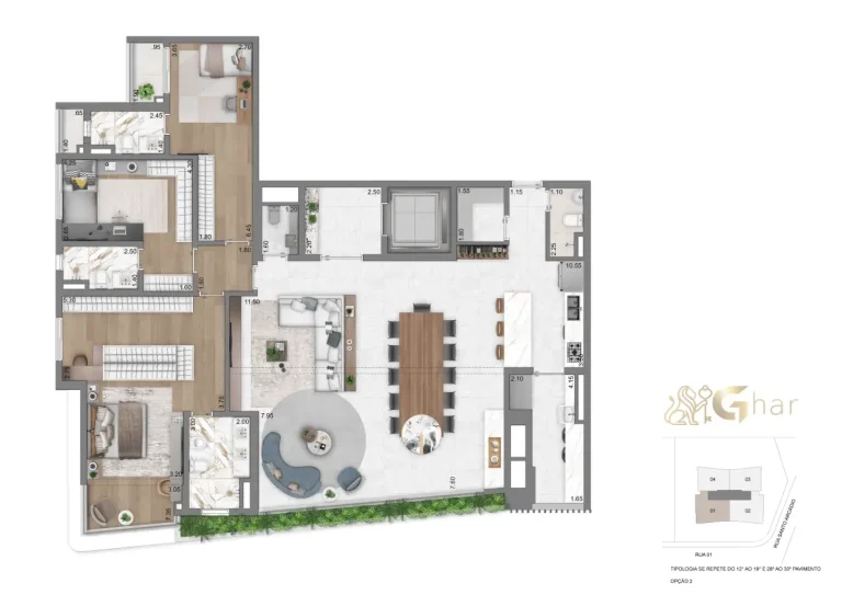 Planta do apartamento 208 m² com sala ampliada – Casa Eden by YOO East