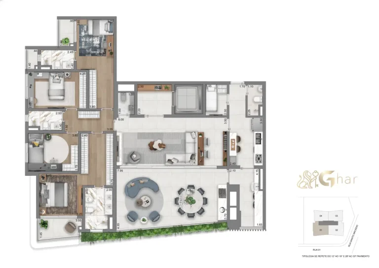 Planta do apartamento de 4 dormitórios e 2 suítes 208 m² do Casa Eden by YOO East