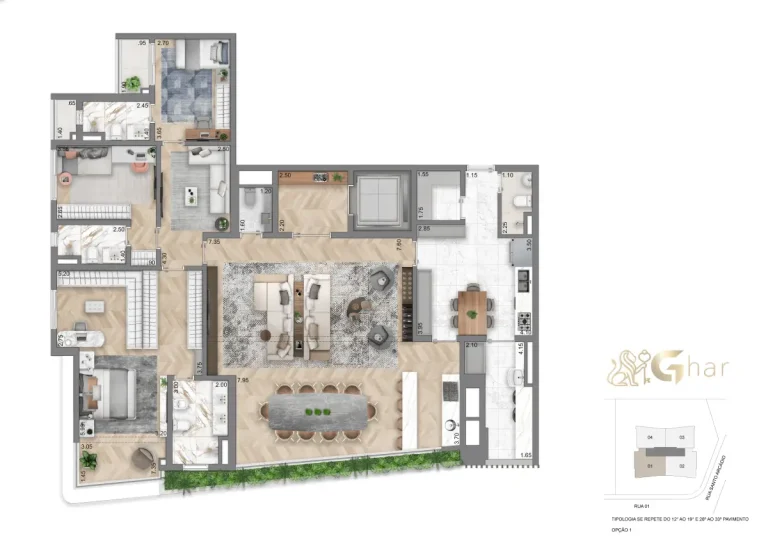 Planta do apartamento de 4 dormitórios e 2 suítes 208 m² do Casa Eden by YOO East no Brooklin