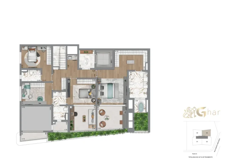 Planta inferior do apartamento duplex de 326 m² no Casa Eden by YOO East
