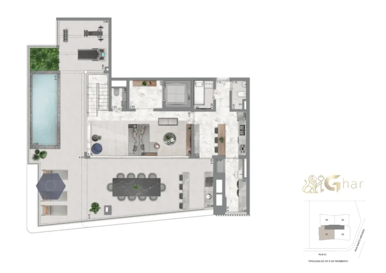 Planta superior do apartamento duplex 396 m² do Casa Eden by YOO East no Brooklin