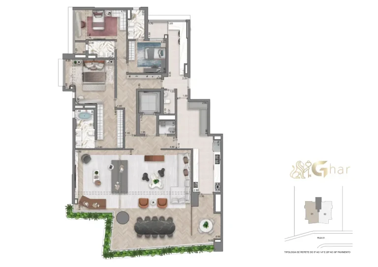 Planta Alternativa De 3 Suítes 263 M² No Casa Eden By YOO West Brooklin