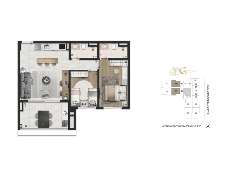 Planta apartamento 68m² 2 dormitórios 1 suíte Casa Ibirapuera Apartments
