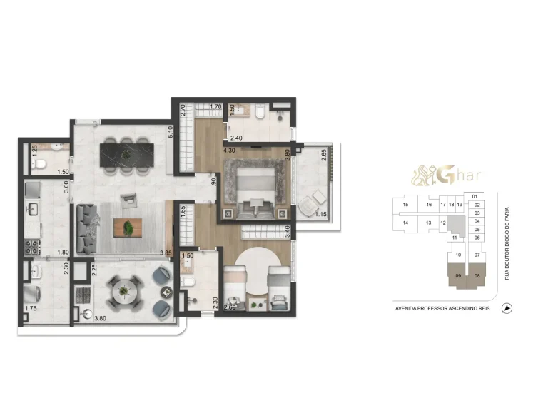 Planta apartamento 88m² 2 dormitórios 2 suítes Casa Ibirapuera Apartments