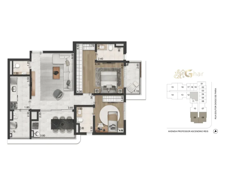 Planta 88m² 2 dormitórios 2 suítes Casa Ibirapuera Apartments