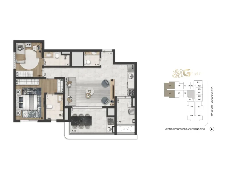 Planta apartamento 81m² 2 suítes Casa Ibirapuera Apartments