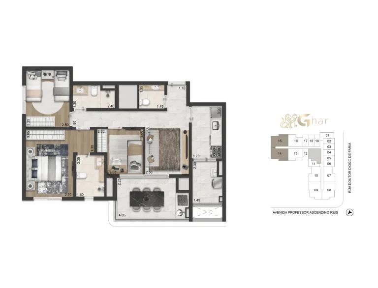 Planta apartamento 81m² 3 dormitórios 1 suíte Casa Ibirapuera Apartments