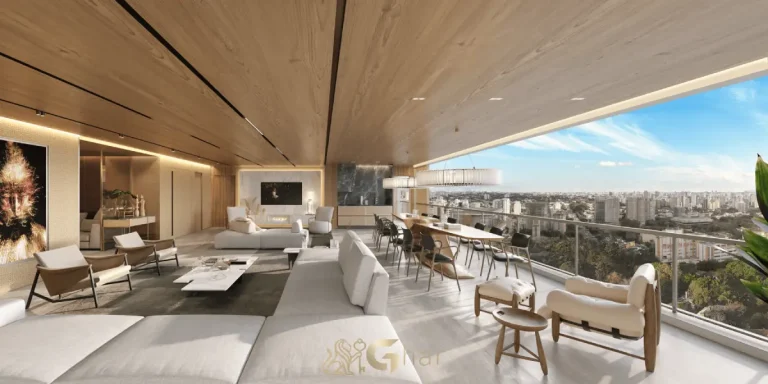 Living decorado do apartamento de 254 m² no Casa Ibirapuera Residences