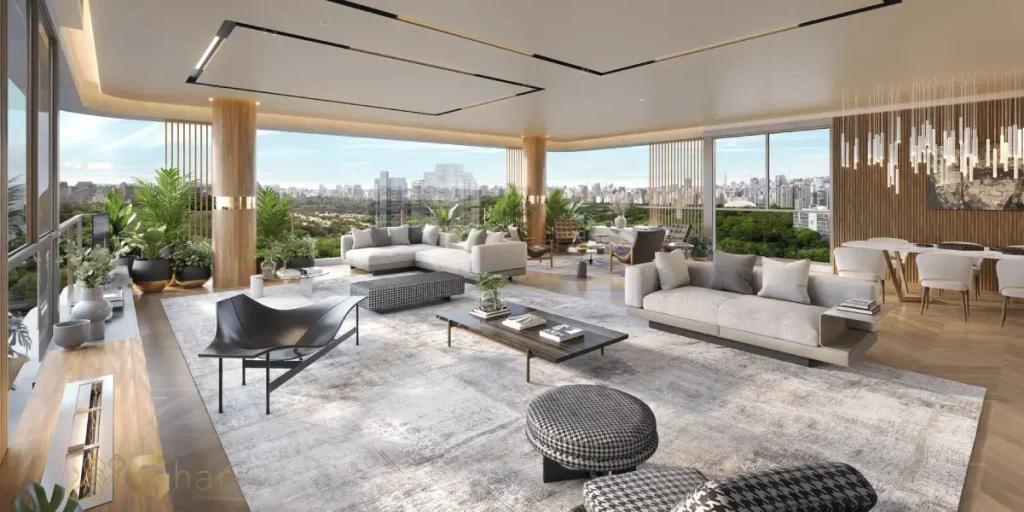 Living decorado do apartamento de 337 m² no Casa Ibirapuera Residences