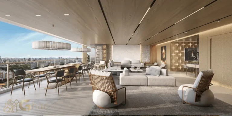 Varanda integrada à sala no apartamento decorado de 254 m² no Casa Ibirapuera Residences