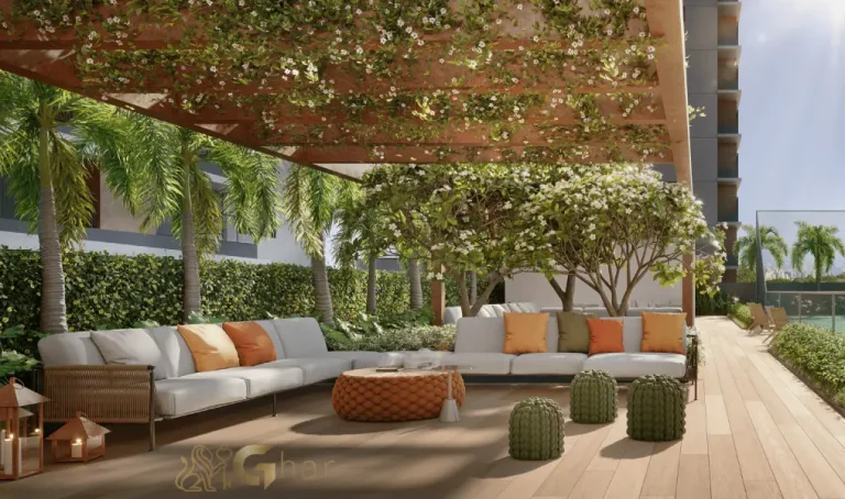 Lounge bar do Casa Ibirapuera Residences com vista para a quadra de tênis