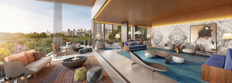 A implantação das áreas de Salão de festas moderno do Casa Ibirapuera Residences.