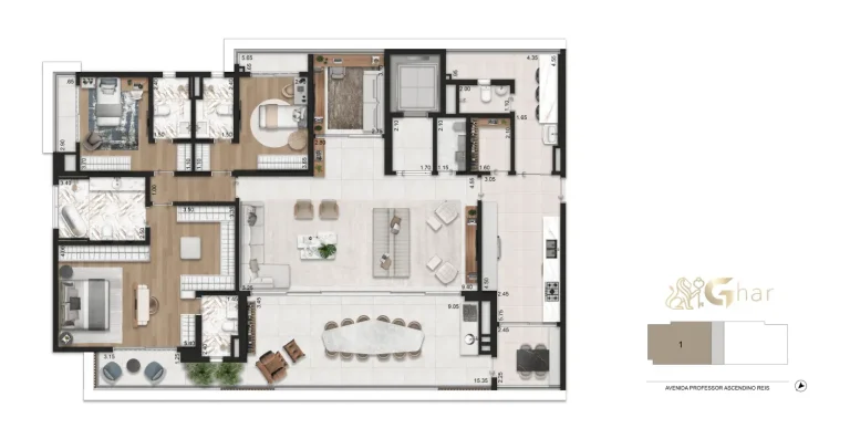 Planta do apartamento de 254 m² com 3 dormitórios e 3 suítes no Casa Ibirapuera Residences