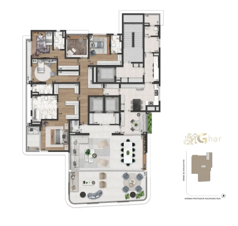 Planta alternativa do apartamento de 337 m² com 4 suítes no Casa Ibirapuera Residences