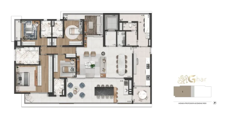 Planta do apartamento de 254 m² com 4 suítes no Casa Ibirapuera Residences