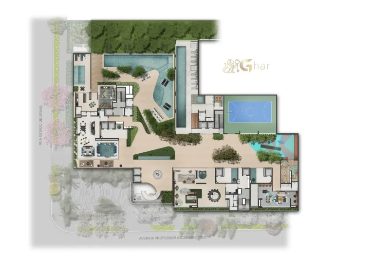 Planta de implantação das áreas de lazer do Casa Ibirapuera Residences