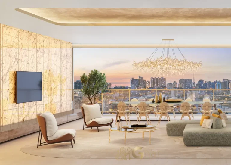 Sala de estar com varanda e vista da planta 251 m² do Casa Senses no Brooklin