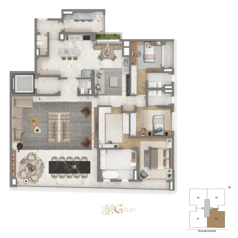 Planta do apartamento 3 suítes 251 m² do Casa Senses com sala íntima e sala de almoço