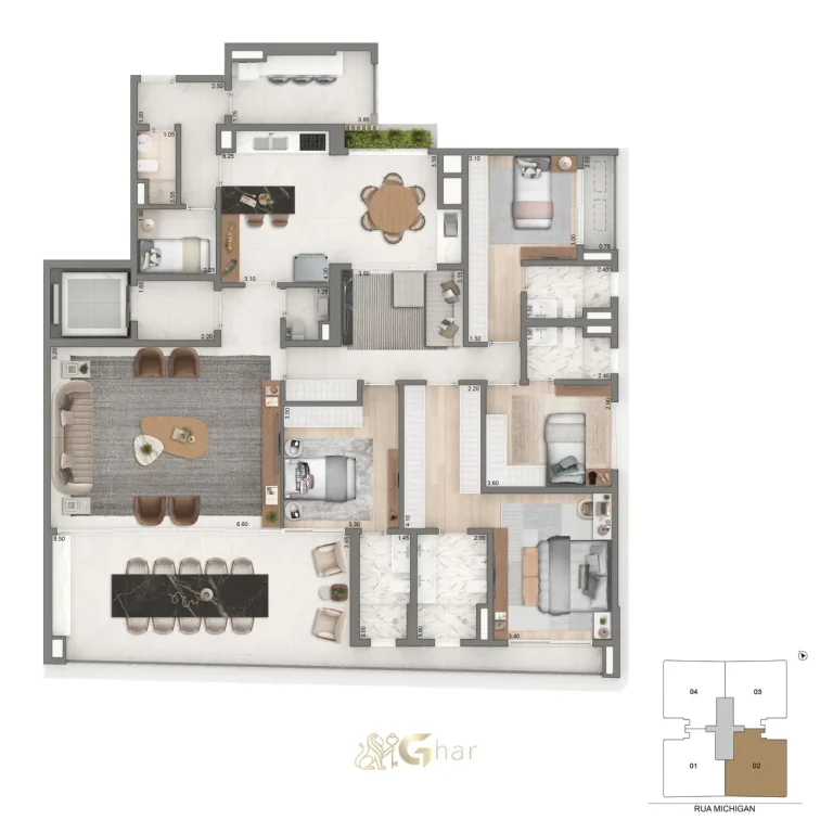 Planta do apartamento 4 suítes 251 m² do Casa Senses Brooklin