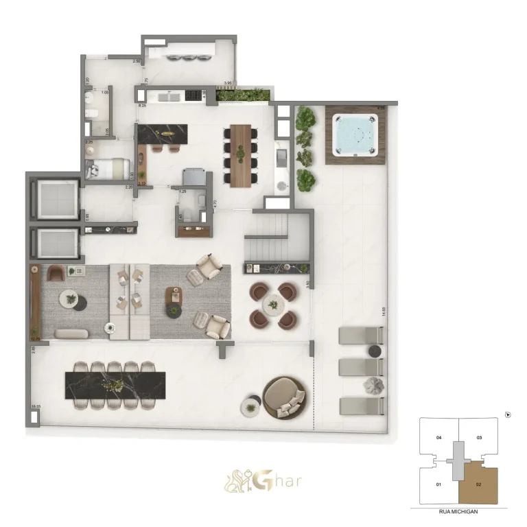 Planta duplex inferior 436 m² do Casa Senses no Brooklin