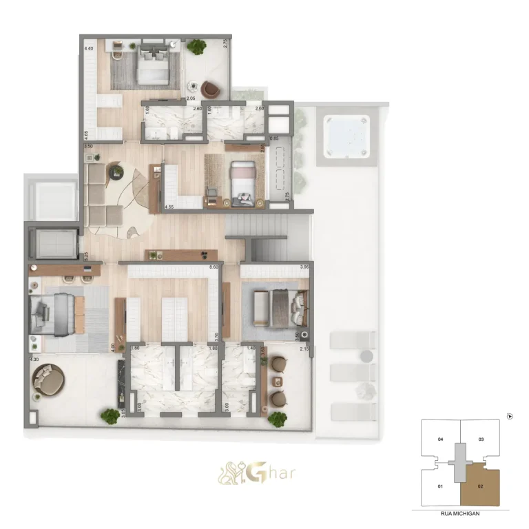 Planta duplex superior 436 m² do Casa Senses com 4 suítes e área externa