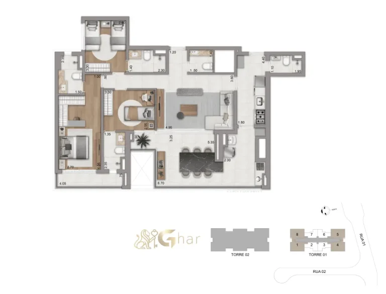 Planta Apartamento 3 Suítes 123 M² Do Eden Park By Dror Eden West