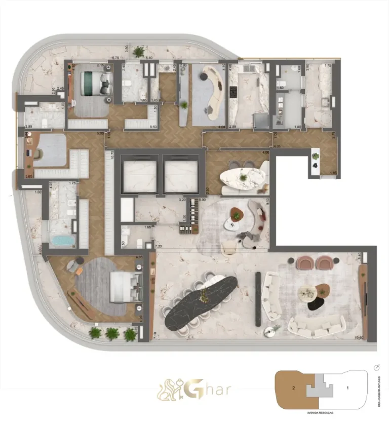 Planta do apartamento 339 m² com duas suítes master no Epic Jardim Europa Design by Pininfarina