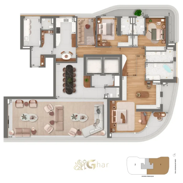 Planta apartamento 379 m² com três suítes e master ampliada no Epic Jardim Europa Design by Pininfarina
