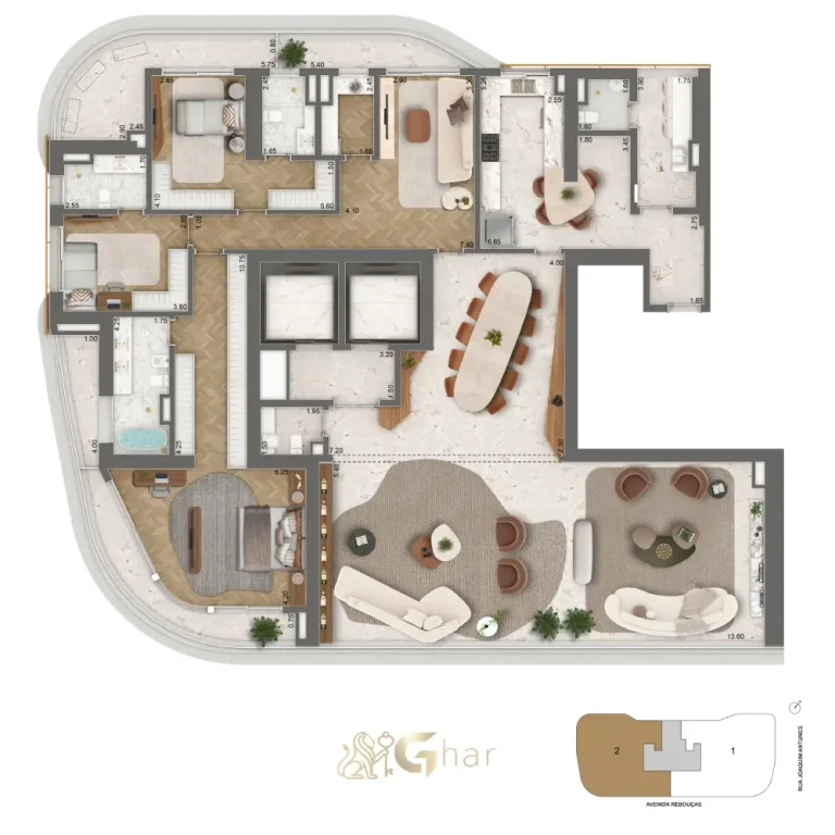 Planta apartamento 339 m² com três suítes e sala íntima no Epic Jardim Europa Design by Pininfarina