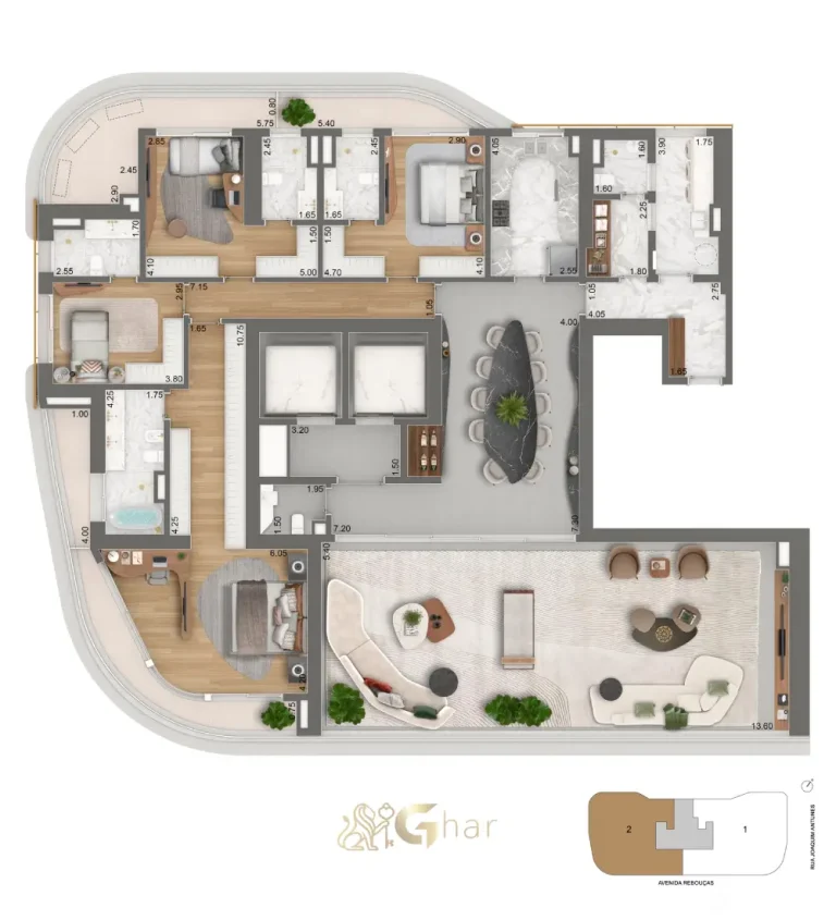 Planta apartamento 339 m² com quatro suítes no Epic Jardim Europa Design by Pininfarina