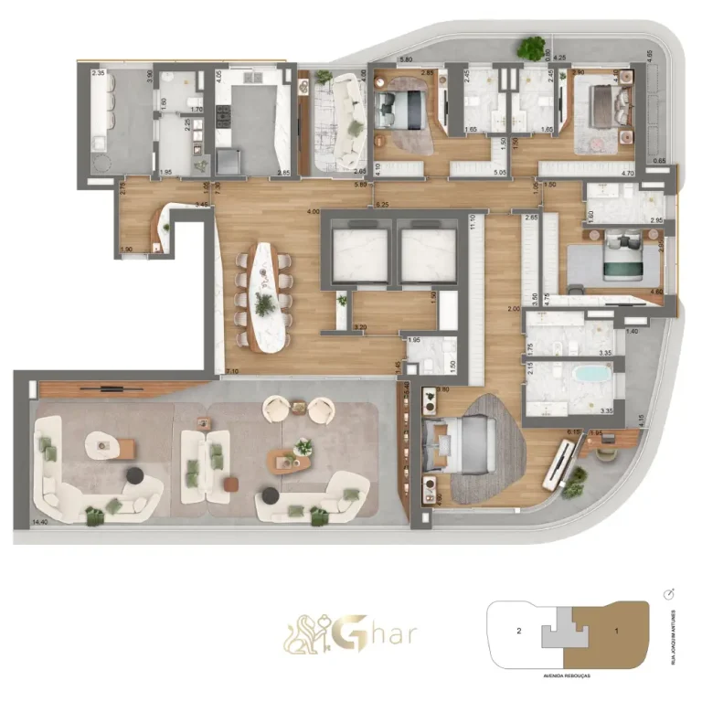 Planta 379 m² com quatro suítes e sala íntima no Epic Jardim Europa Design by Pininfarina