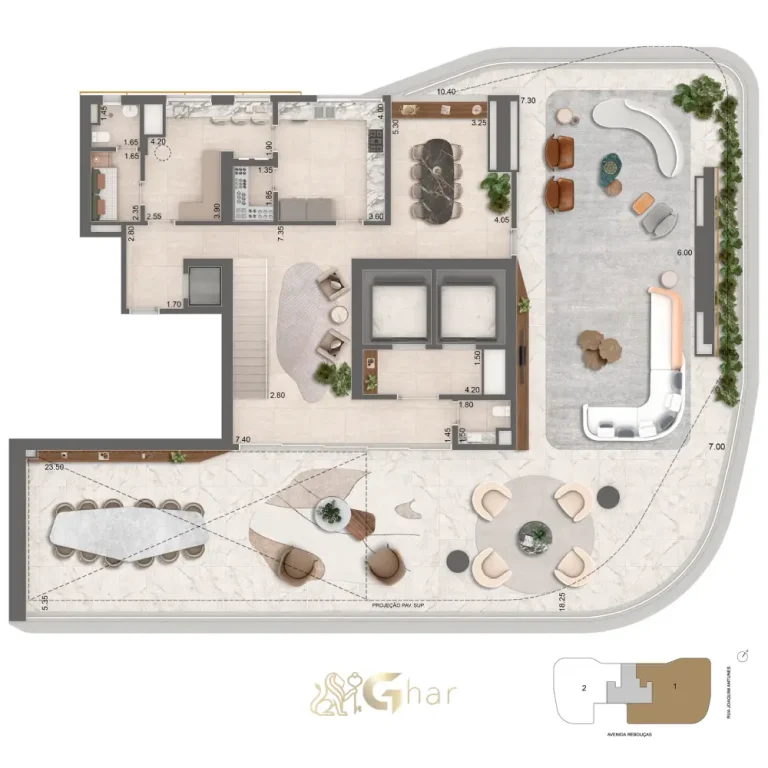 Planta garden 637 m² com quatro suítes e office no Epic Jardim Europa Design by Pininfarina
