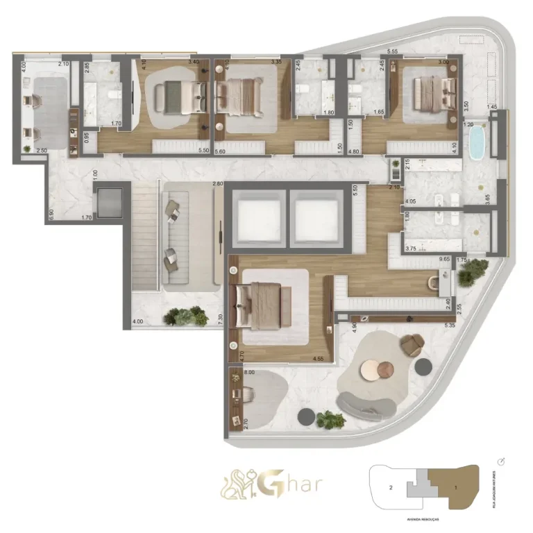 Planta garden 637 m² pavimento inferior com office e quatro suítes no Epic Jardim Europa