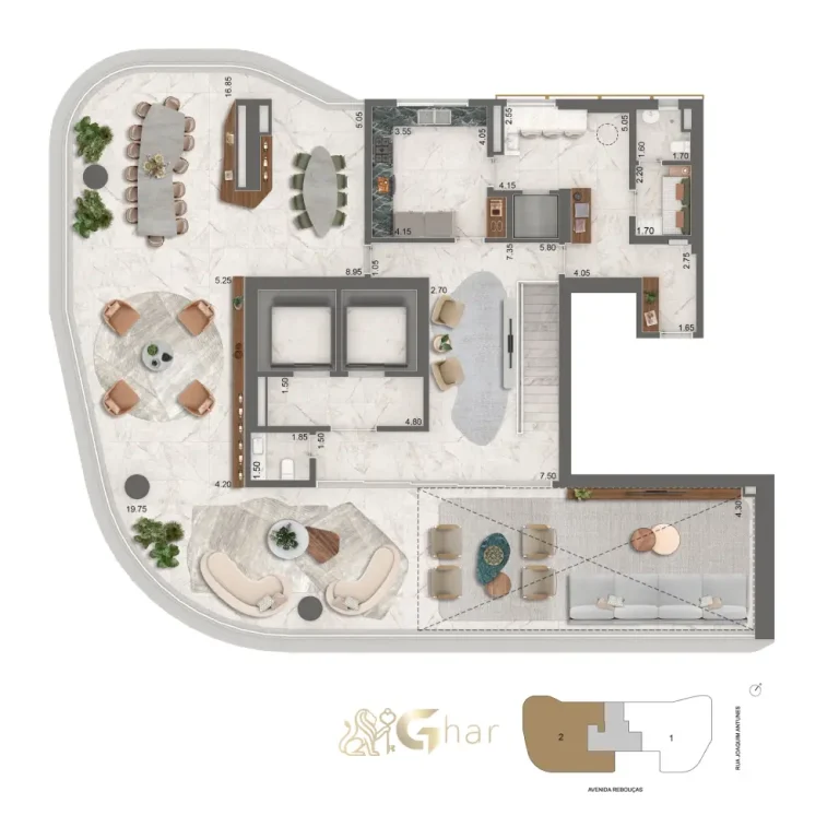 Planta garden 565 m² pavimento inferior com quatro suítes e sala íntima no Epic Jardim Europa
