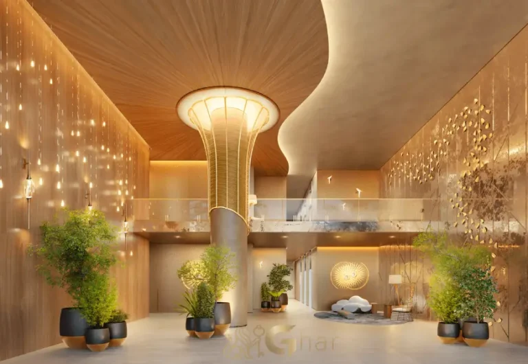 Lobby sofisticado do condomínio Escape Eden no Brooklin