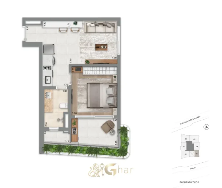 Planta do apartamento de 1 dormitório com 50m² no Escape Eden