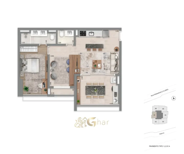 Planta do apartamento de 70m² com 1 suíte master no Escape Eden