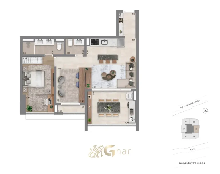 Planta do apartamento de 74m² com 1 suíte master no Escape Eden